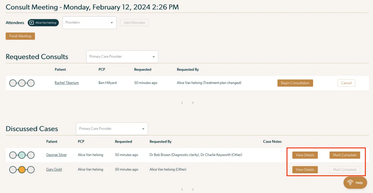 Mirah Collaborative Care Consult Meeting interface showing requested consults and discussed cases for February 12, 2024.