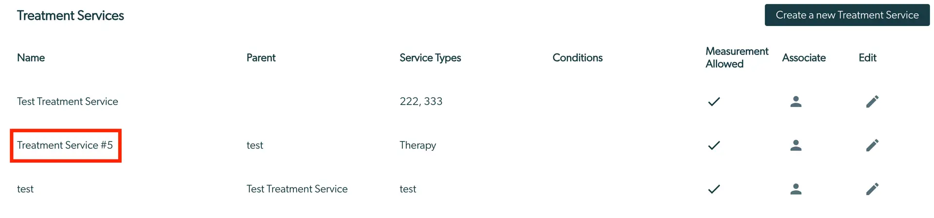 Mirah Treatment Services screen showing a list of treatment services with options to create, associate, and edit services.