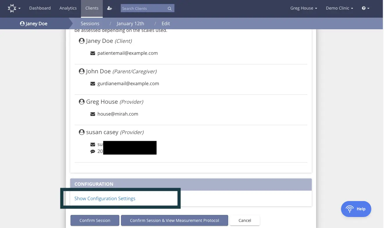 Mirah platform session management screen for Janey Doe on January 12th