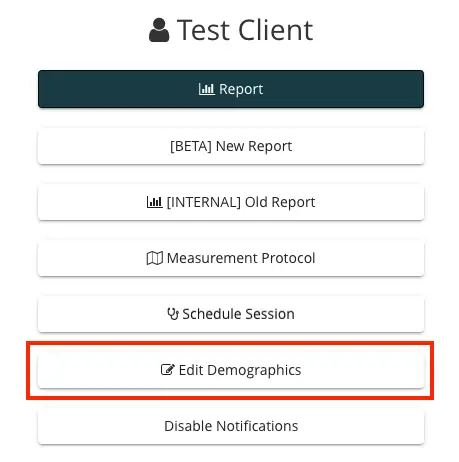 Mirah platform Test Client interface with options to manage reports, measurement protocols, schedule sessions, edit demographics, and disable notifications.