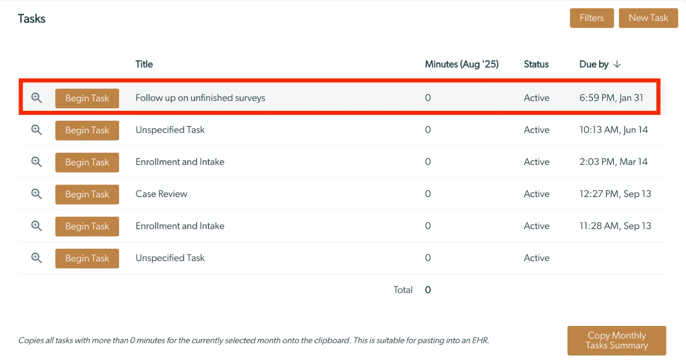 Mirah Collaborative Care Tasks Management Screen