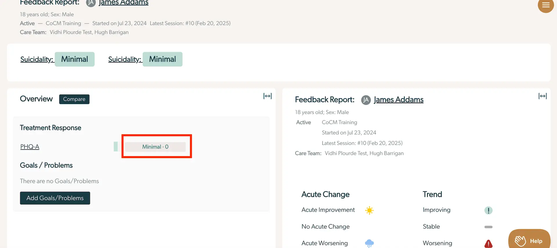 Mirah platform screenshot showing patient feedback report for James Addams, including treatment response and goals/problems overview.