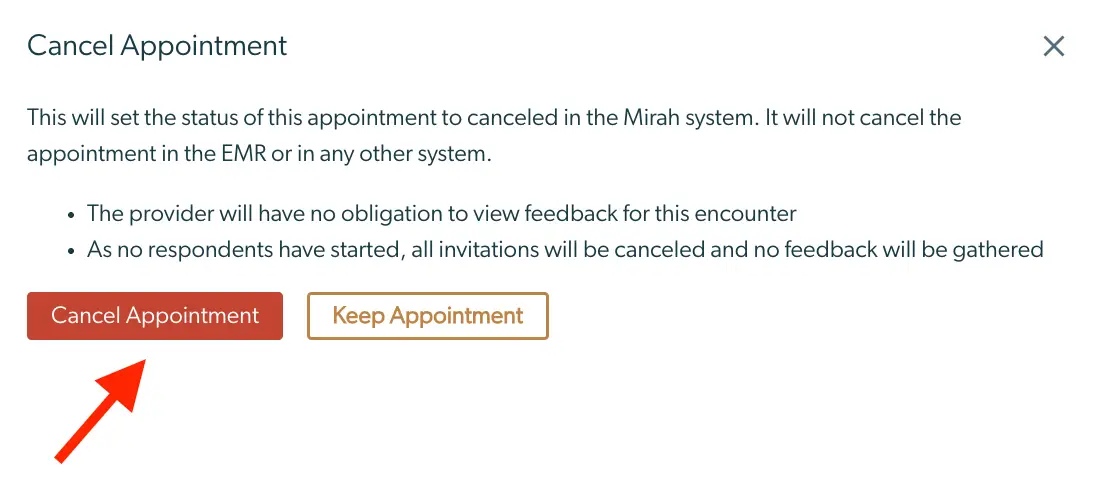 Mirah platform Cancel Appointment dialog box