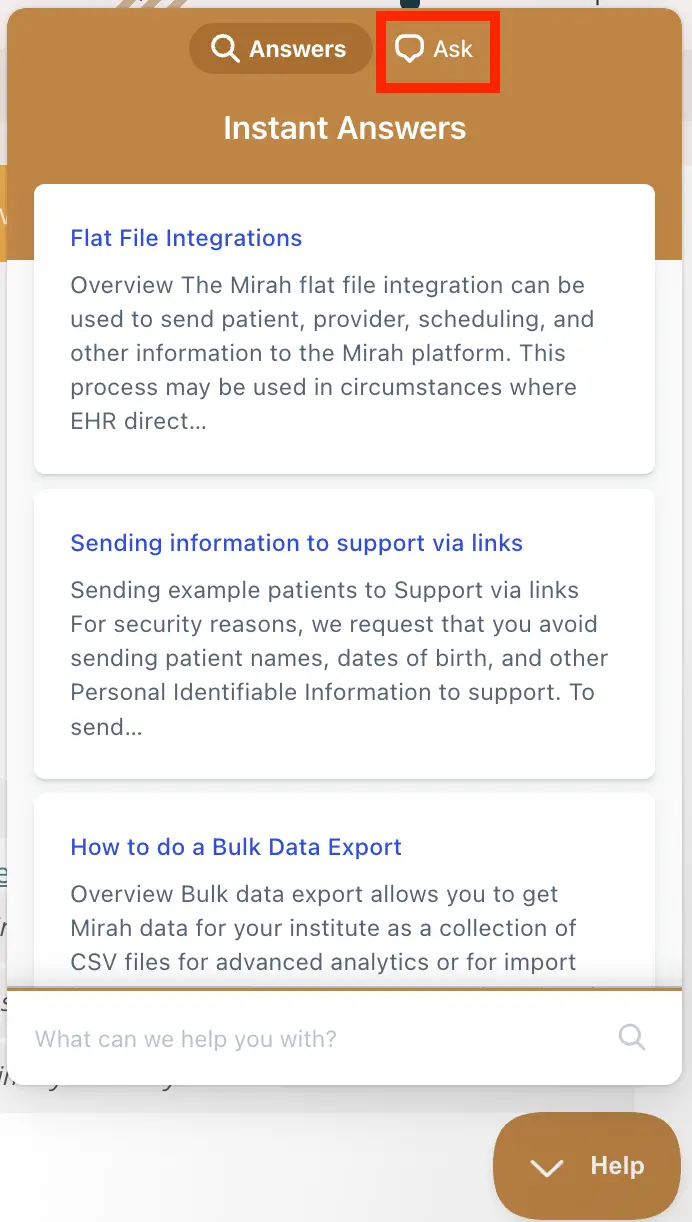 Mirah Troubleshooting Guide - Instant Answers section with Ask tab active