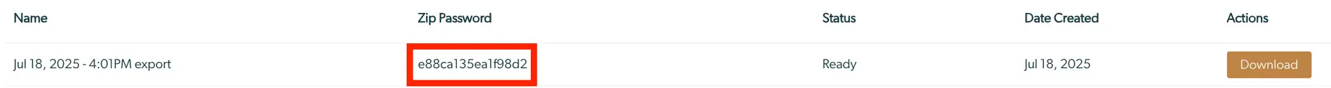 Mirah Data Exports - Bulk Data Export screen showing export details and download option