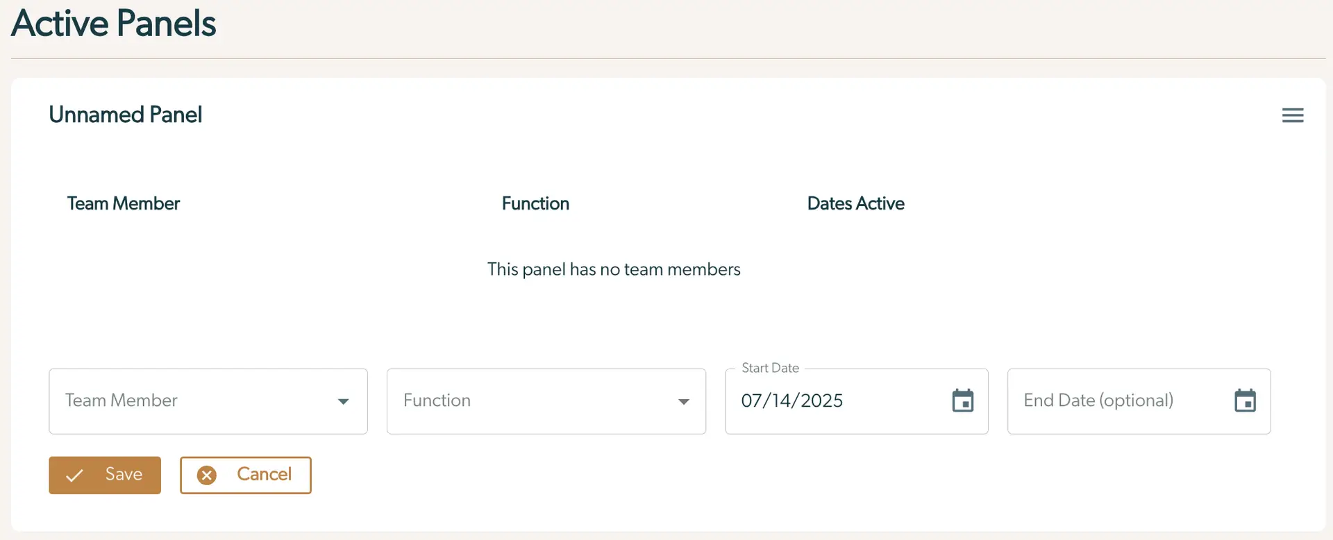 Mirah Collaborative Care Active Panels screen for creating or editing a panel