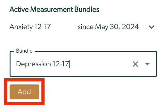 Mirah Collaborative Care - Active Measurement Bundles screen showing Anxiety 12-17 bundle active since May 30, 2024, with options to add Depression 12-17.