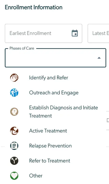 Mirah Collaborative Care Phases of Care dropdown menu in Enrollment Information section