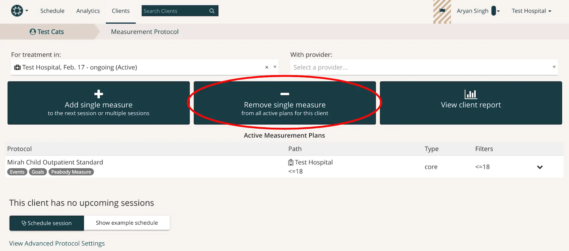 Mirah Measurement Protocol page showing options to add or remove a single measure for Test Hospital treatment.