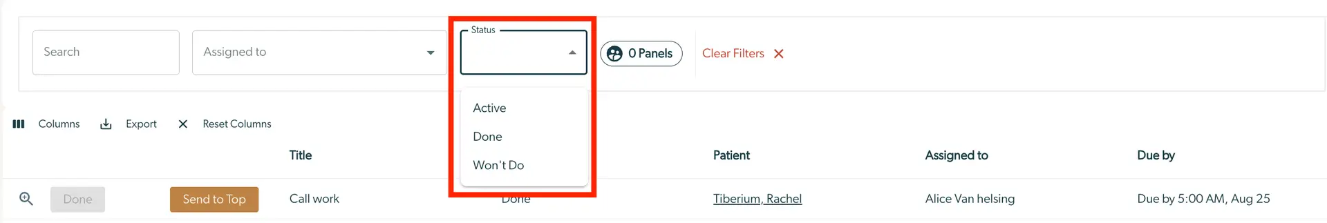 Mirah Collaborative Care Tasks interface showing task filters and management options.