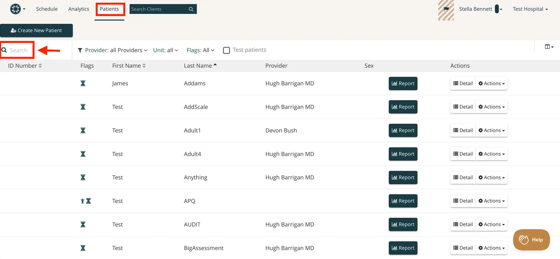 Mirah platform Patients section with search and patient management options