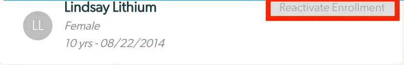Mirah platform patient profile for Lindsay Lithium with Reactivate Enrollment button