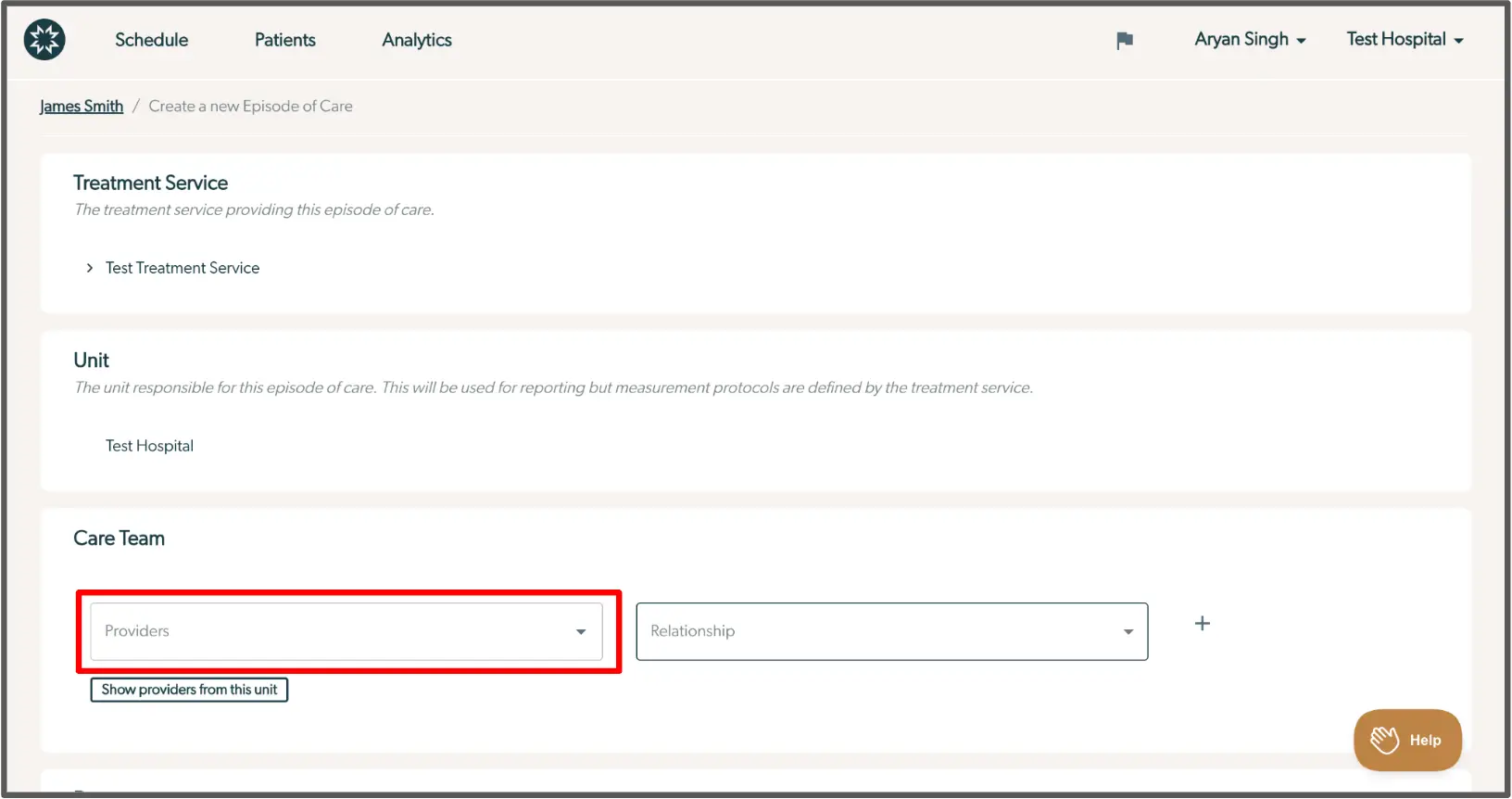 Mirah platform Create a new Episode of Care page for James Smith