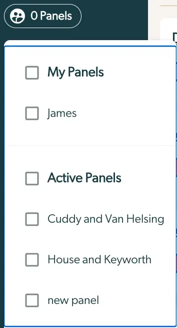 Mirah Collaborative Care panel filter dropdown showing options for My Panels and Active Panels.