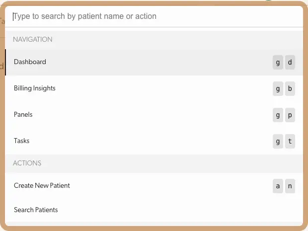Mirah Collaborative Care Command Bar interface showing navigation and action options with search field and keyboard shortcuts.