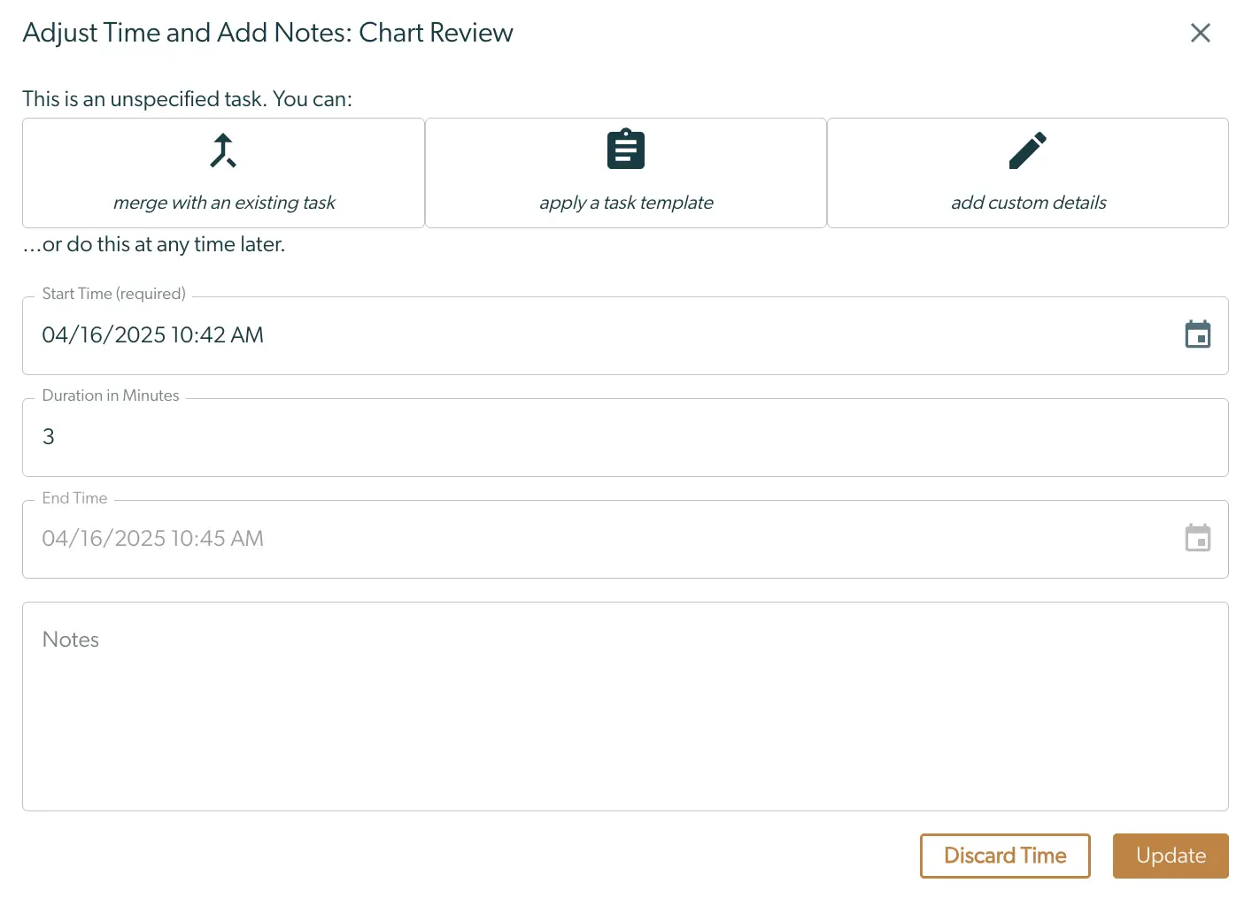 Mirah Collaborative Care Tasks Adjust Time and Add Notes Chart Review screen