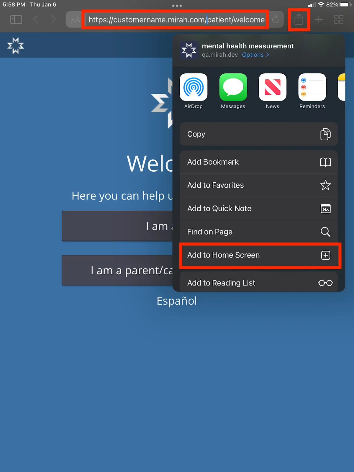 Mirah patient welcome page with iPad share menu open, highlighting 'Add to Home Screen' option.
