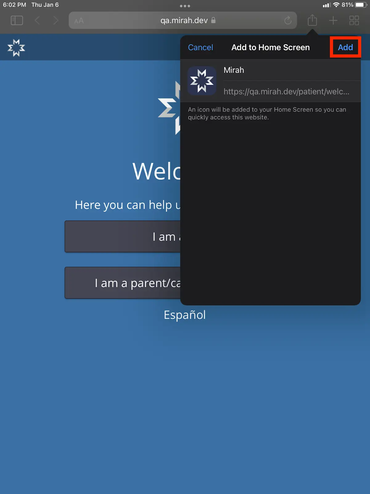 Mirah Add to Home Screen dialog on iPad with URL qa.mirah.dev