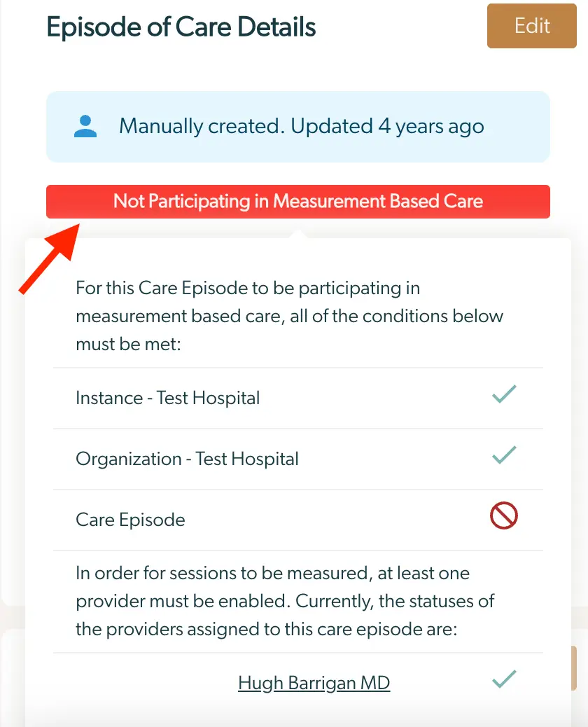 Mirah Episode of Care Details - Not Participating in Measurement Based Care
