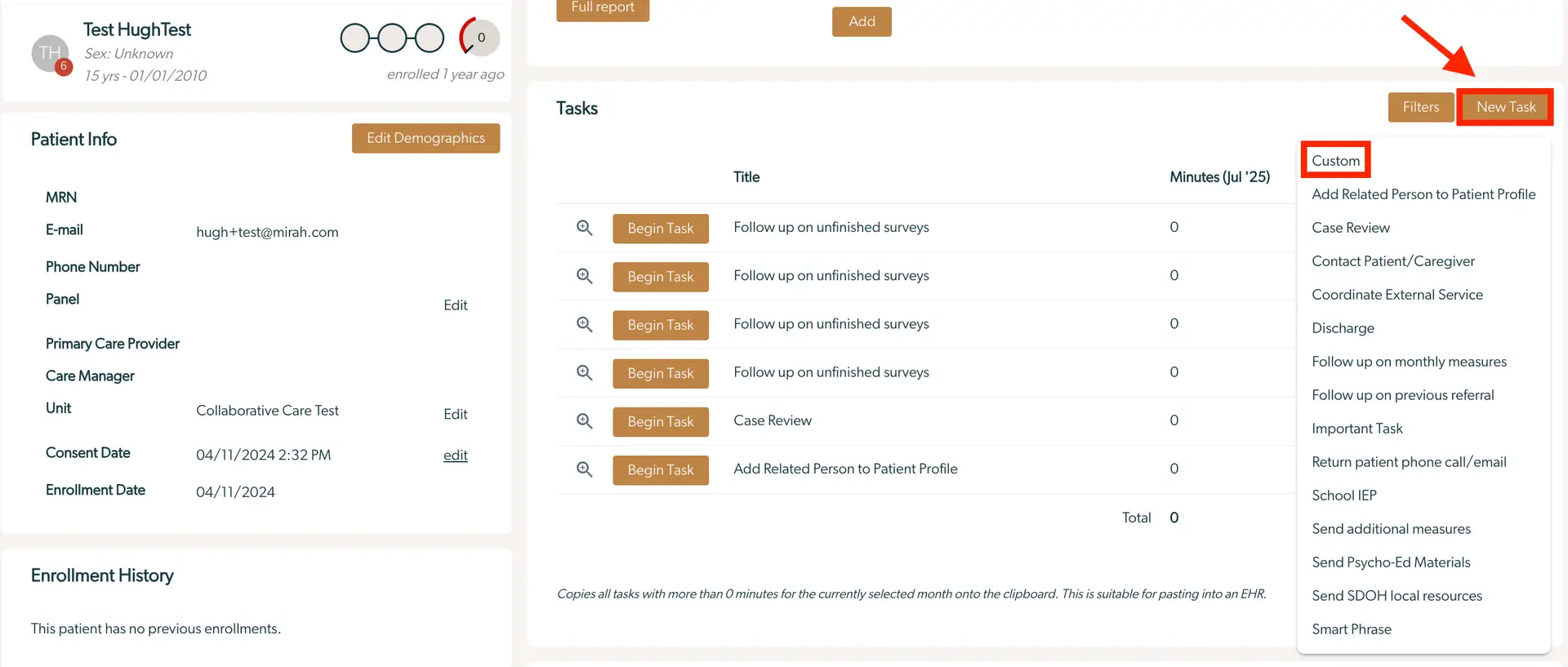 Mirah Collaborative Care Tasks interface for Test HughTest