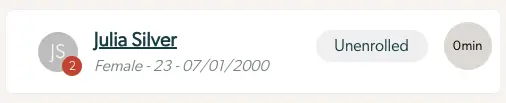 Collaborative Care - Patients - The Status Badge for Julia Silver showing unenrolled status and 0 minutes.