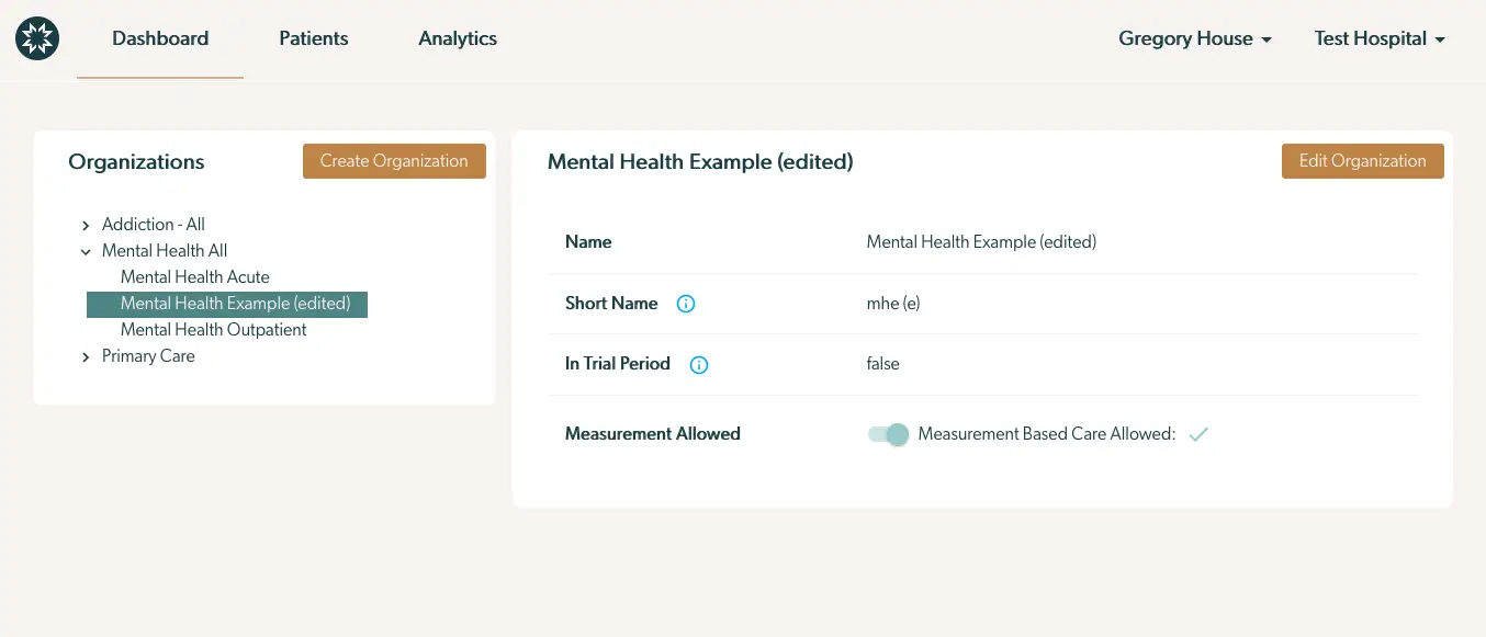 Mirah platform screenshot showing organization editing interface for Mental Health Example under Mental Health All category.