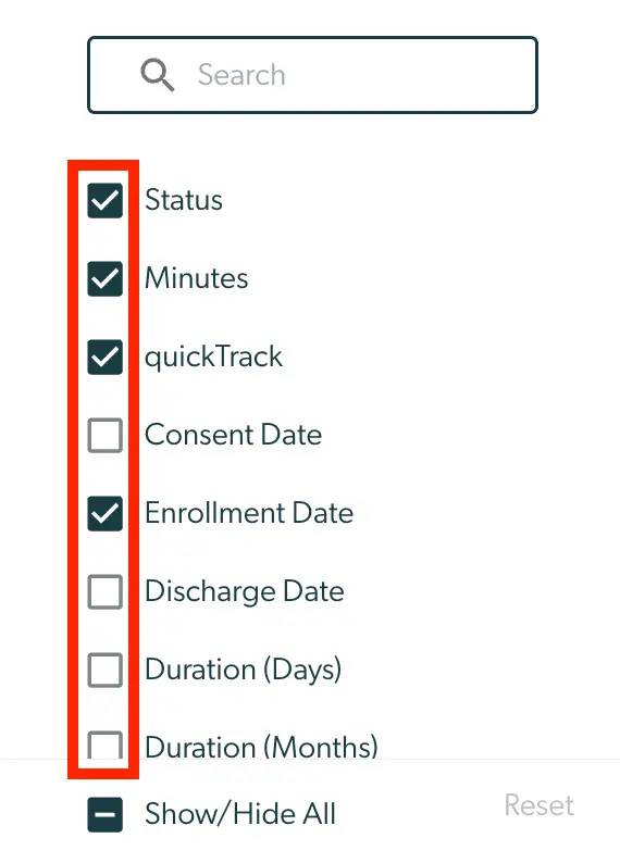 Mirah Panels Filter Data by Panel screen showing checkboxes for selecting data fields like Status, Minutes, and Enrollment Date.
