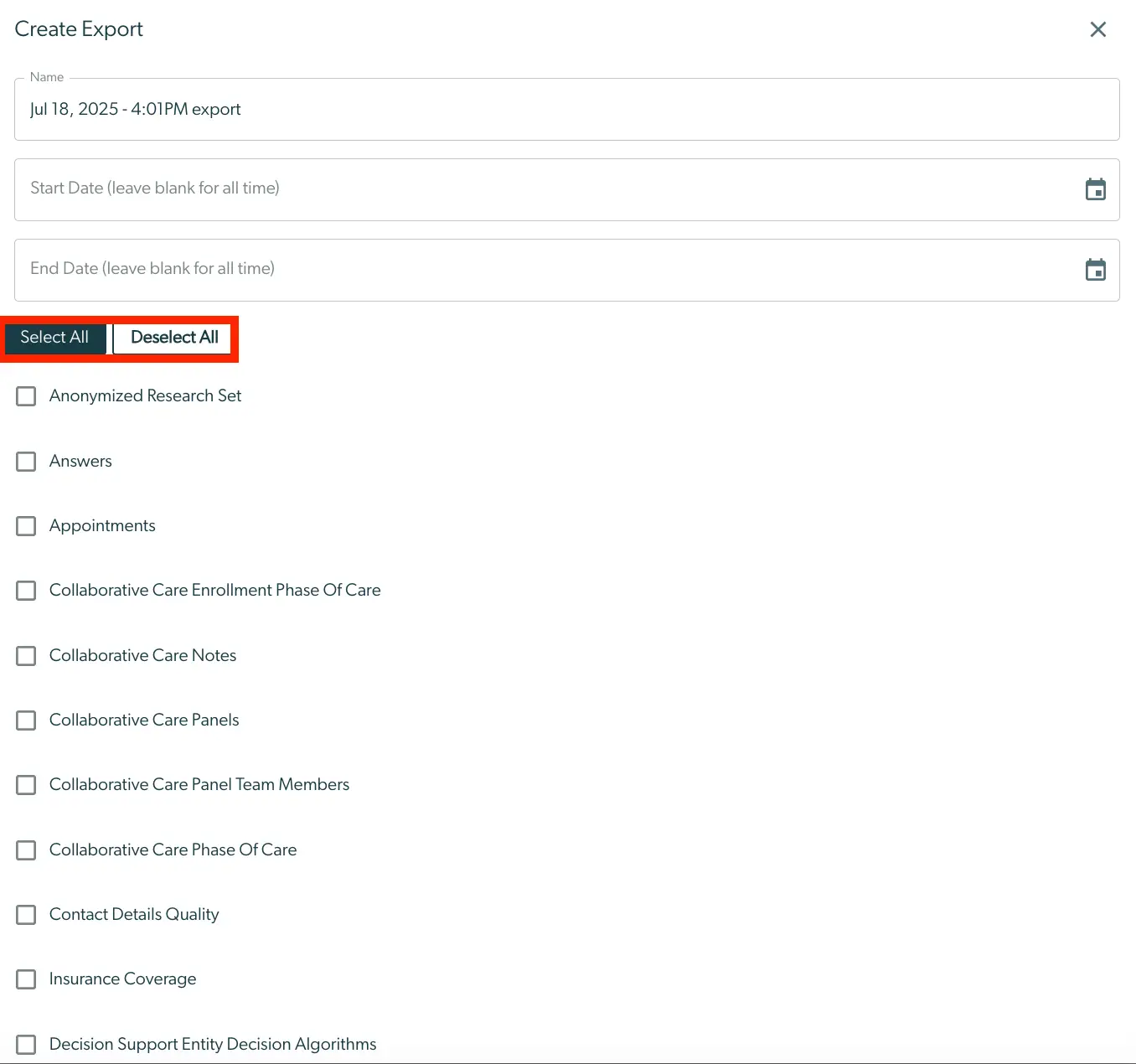 Mirah Create Export screen for bulk data export setup