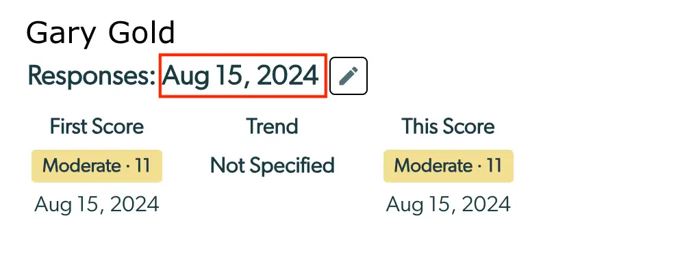 Enhanced Feedback Report for Gary Gold showing response date August 15, 2024, with scores labeled as Moderate 11 for both First Score and This Score, and Trend Not Specified.