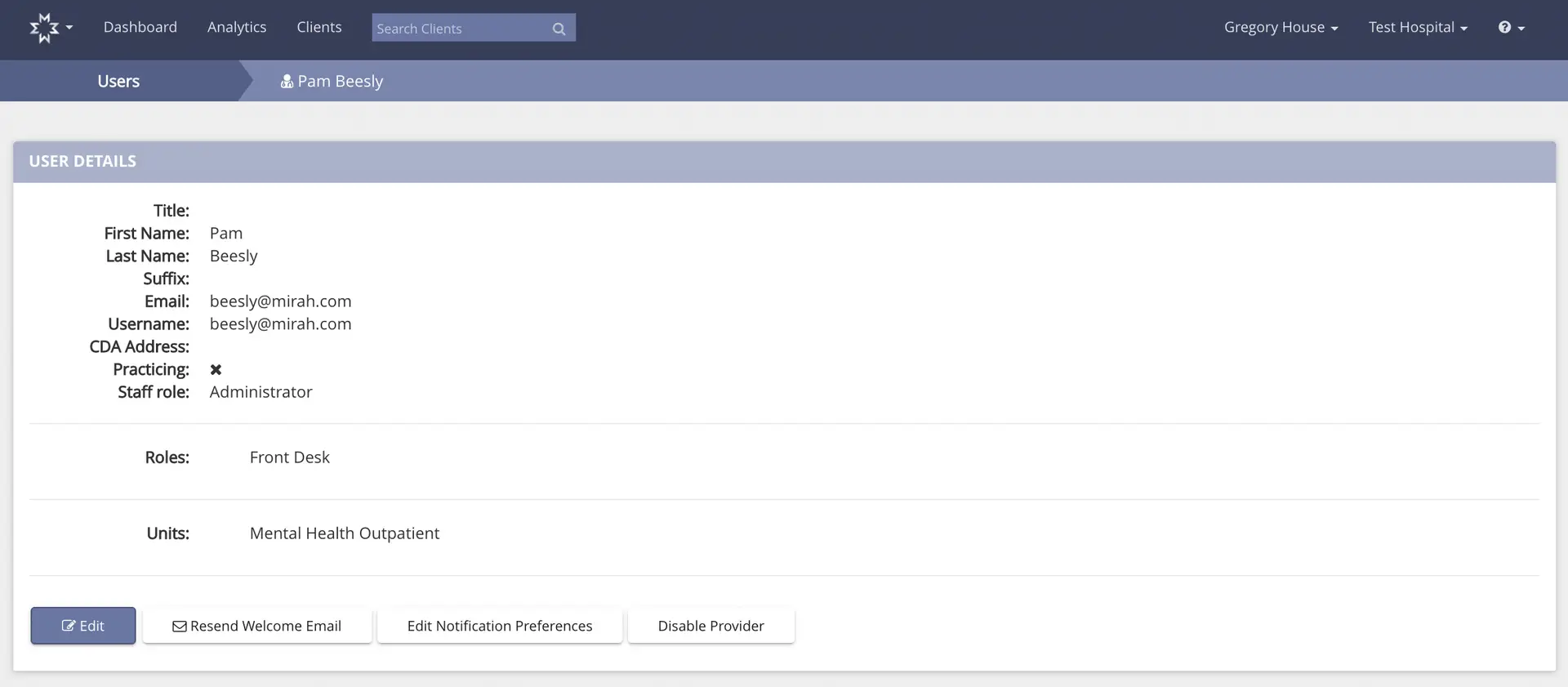 Mirah platform user details page for Pam Beesly