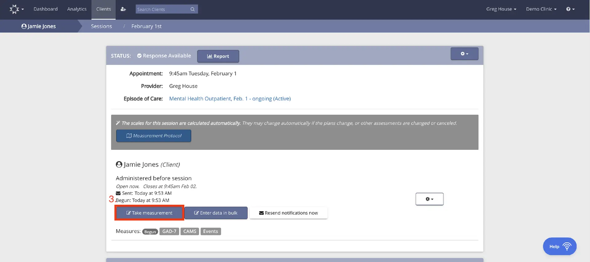 Mirah platform patient session details for Jamie Jones on February 1st