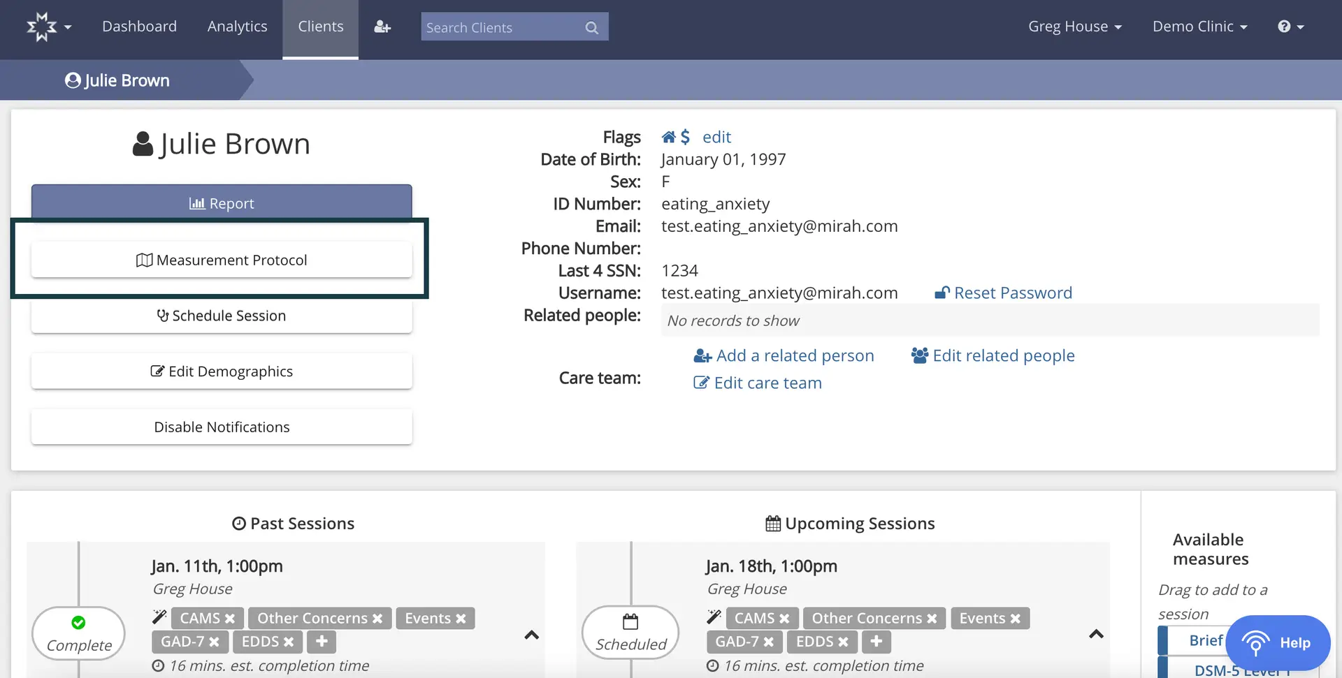 Mirah platform patient profile page for Julie Brown showing personal details, session information, and available measures.
