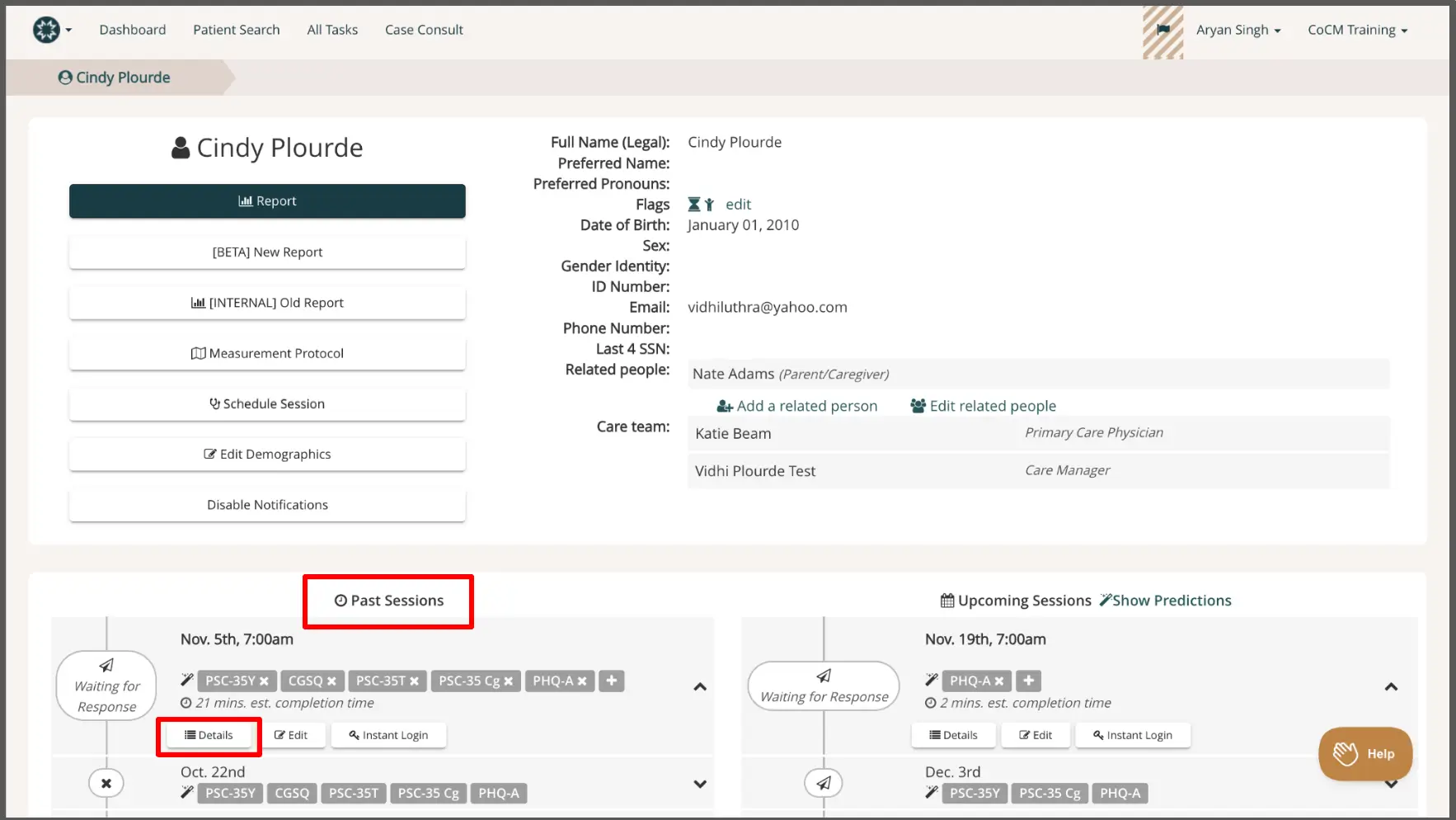 Mirah platform patient profile page for Cindy Plourde showing past and upcoming session details.