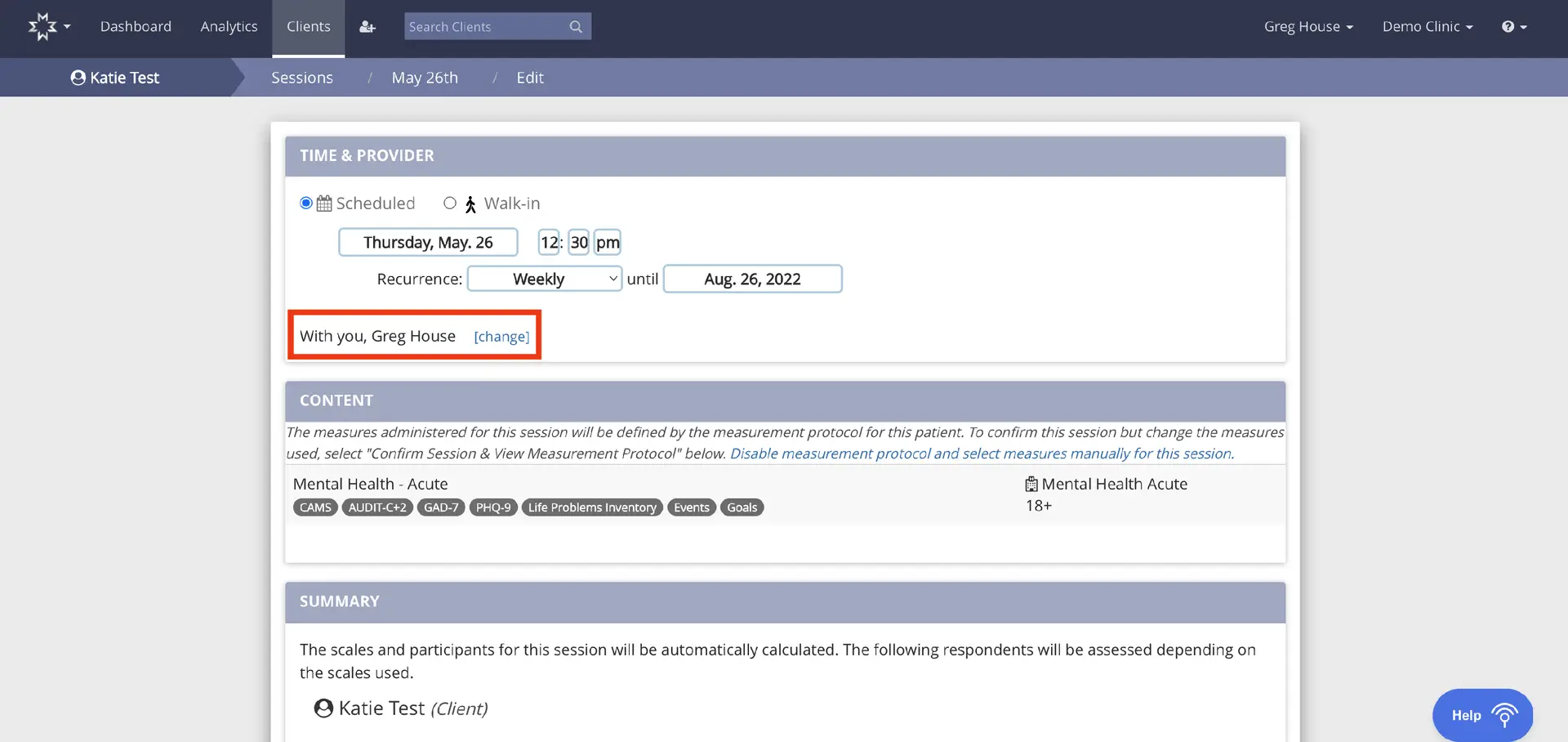 Mirah platform edit recurring appointment series for Katie Test on May 26th
