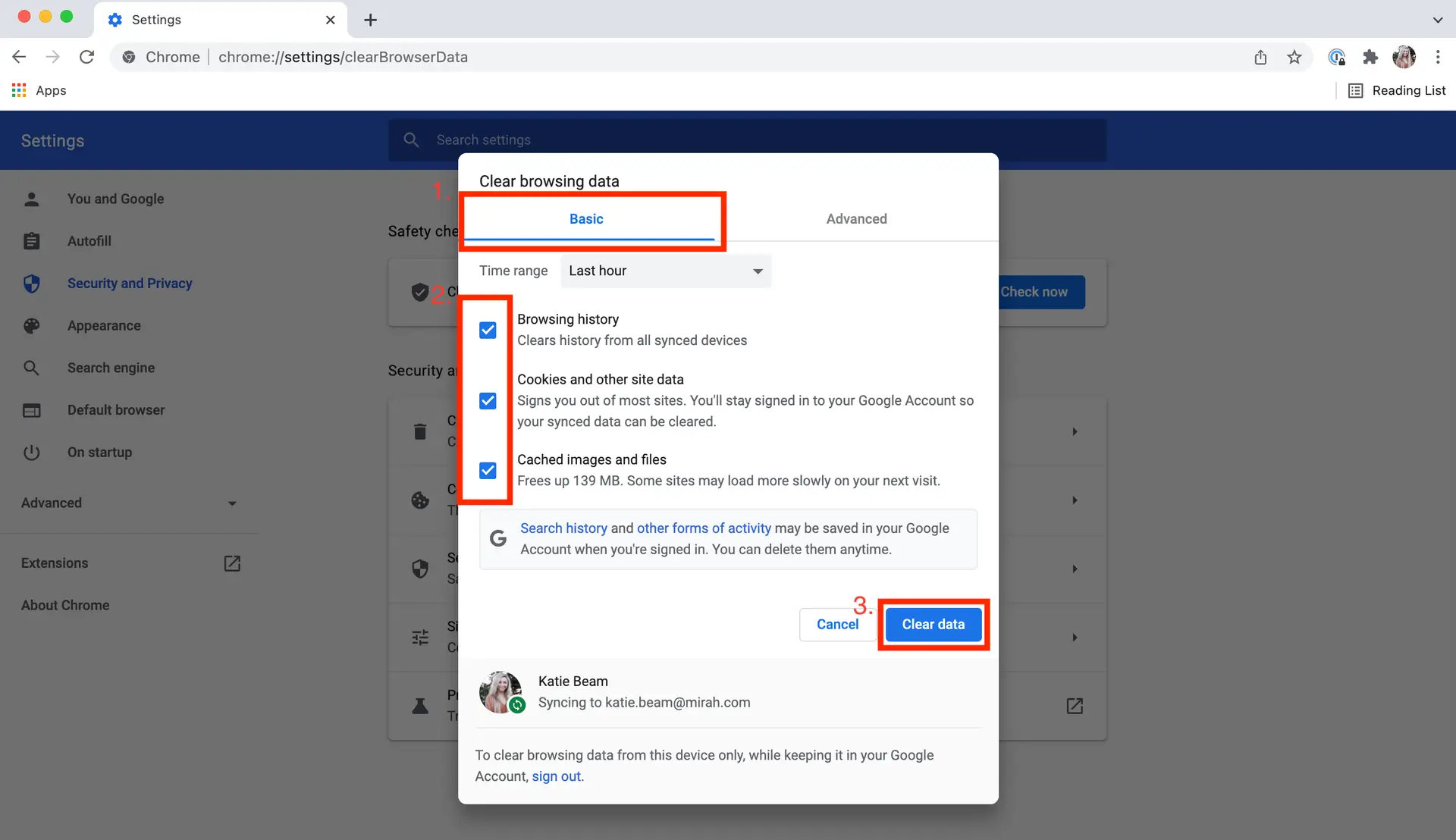 Chrome Settings - Clear browsing data dialog in Basic tab