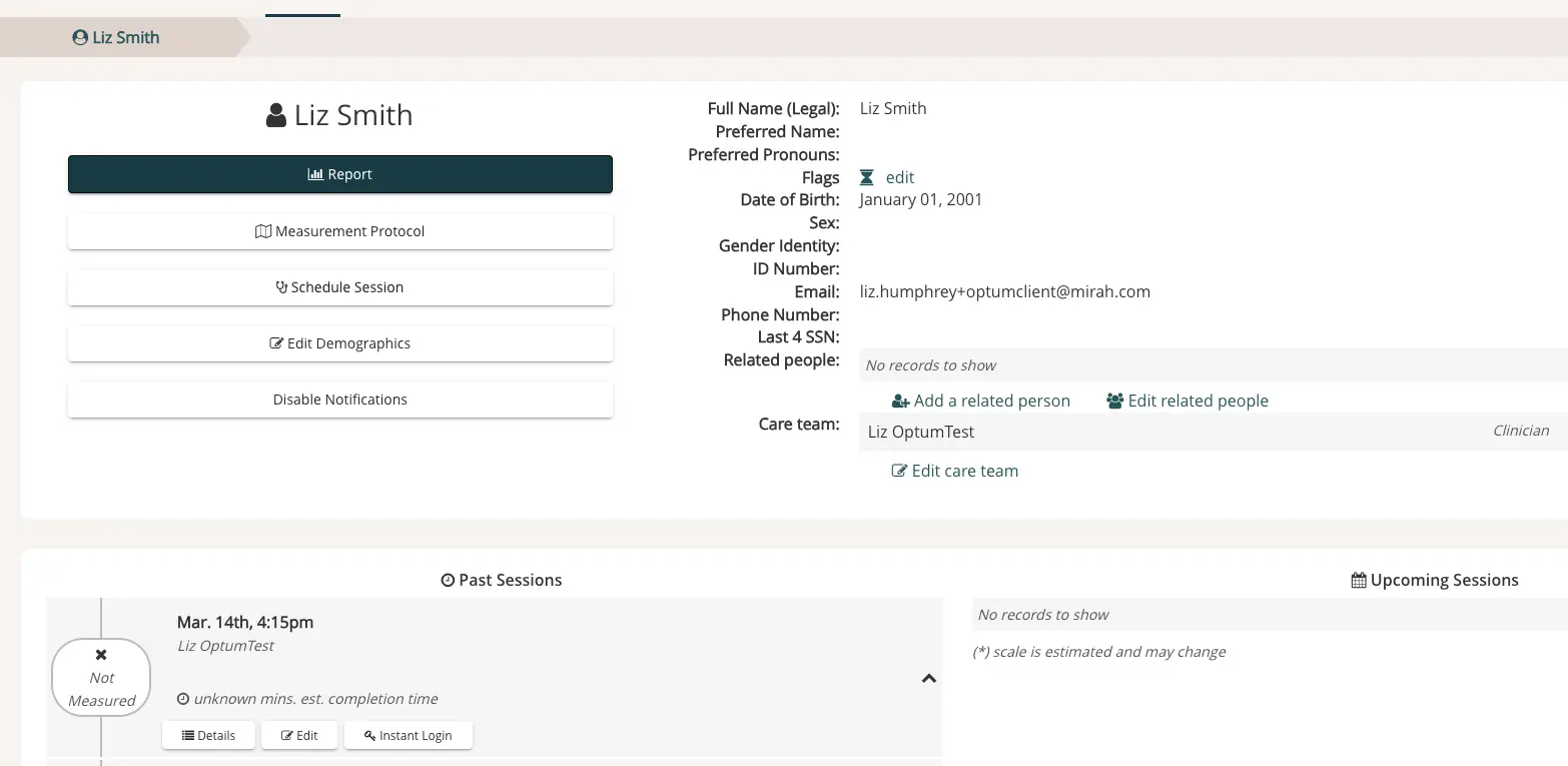 Mirah platform user profile page for Liz Smith showing personal details, care team, and session information.