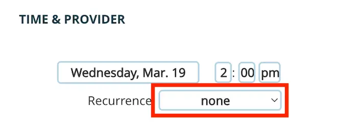 Mirah platform Time & Provider settings for editing recurring appointments, showing date, time, and recurrence options.