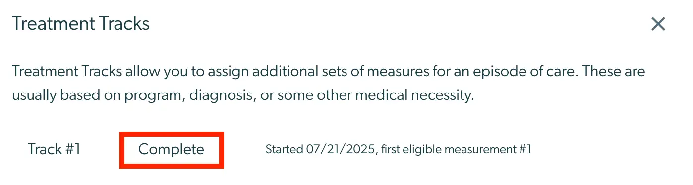 Mirah Treatment Tracks screen showing Track #1 as complete, started on 07/21/2025 with first eligible measurement #1.