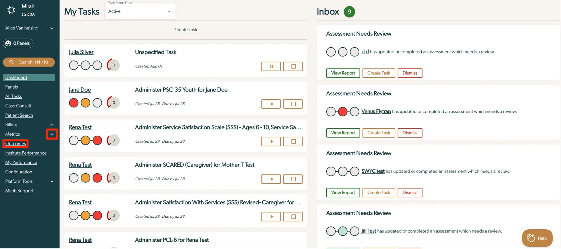 Mirah platform screenshot showing My Tasks and Inbox sections with Outcomes highlighted in the navigation menu.