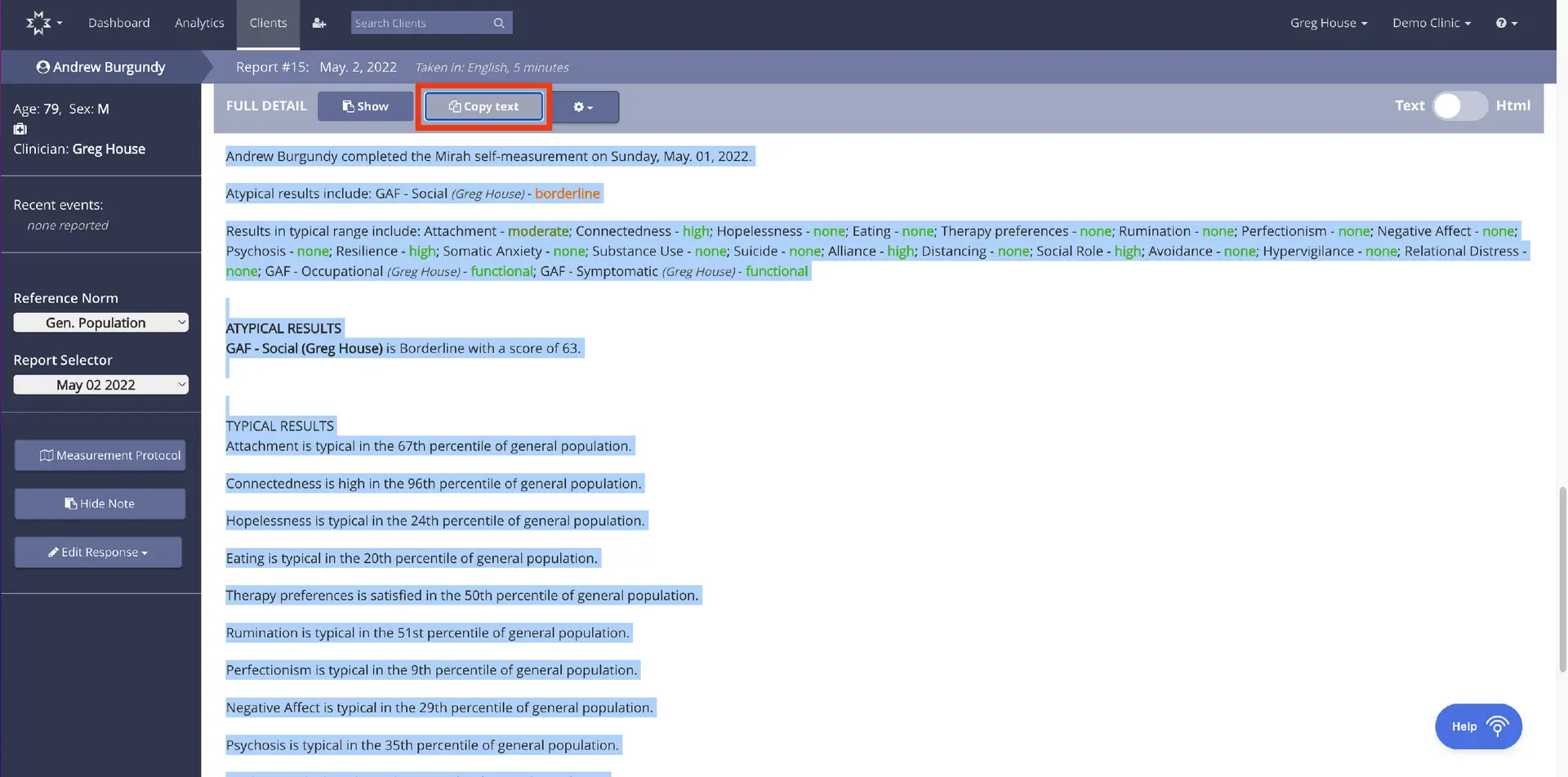 Mirah platform feedback report for Andrew Burgundy, Report #15, May 2, 2022, with options to copy text and view full details.