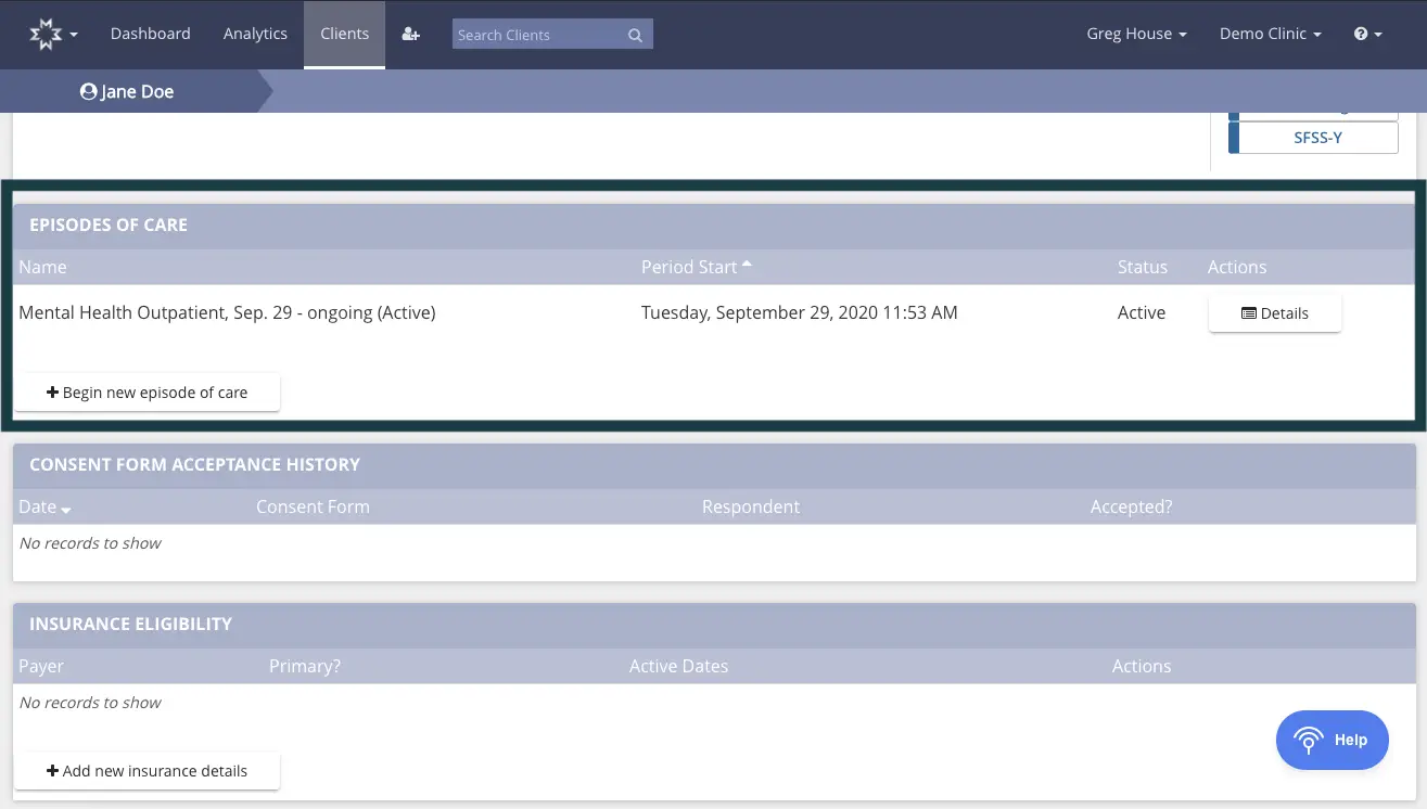 Mirah platform, Jane Doe's Episodes of Care page