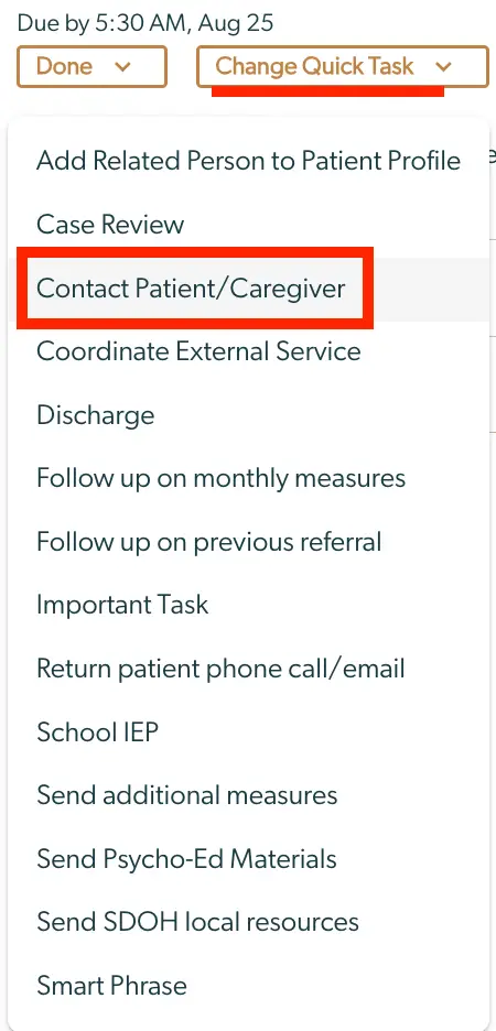 Mirah Collaborative Care task management interface showing options to change task template, with 'Contact Patient/Caregiver' highlighted.