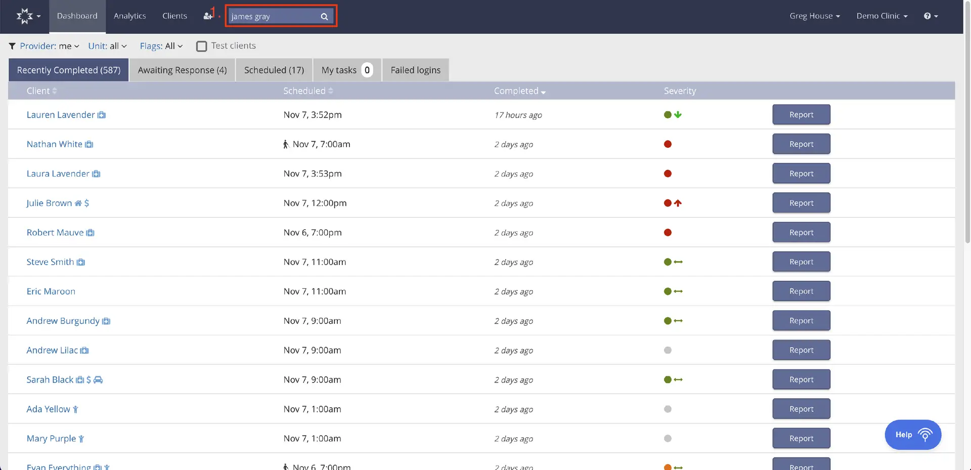 Mirah Dashboard showing client assessments with search for 'james gray'.