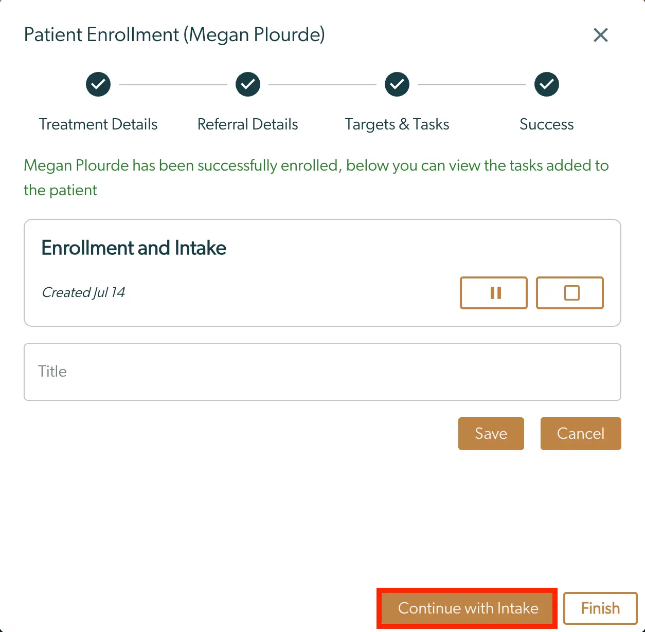 Mirah Collaborative Care Patient Enrollment screen for Megan Plourde showing enrollment success and intake options.