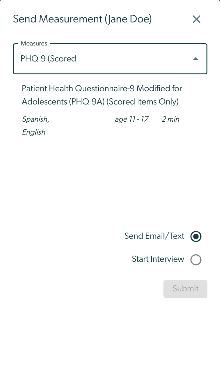 Mirah Collaborative Care - Send Measurement screen for Jane Doe