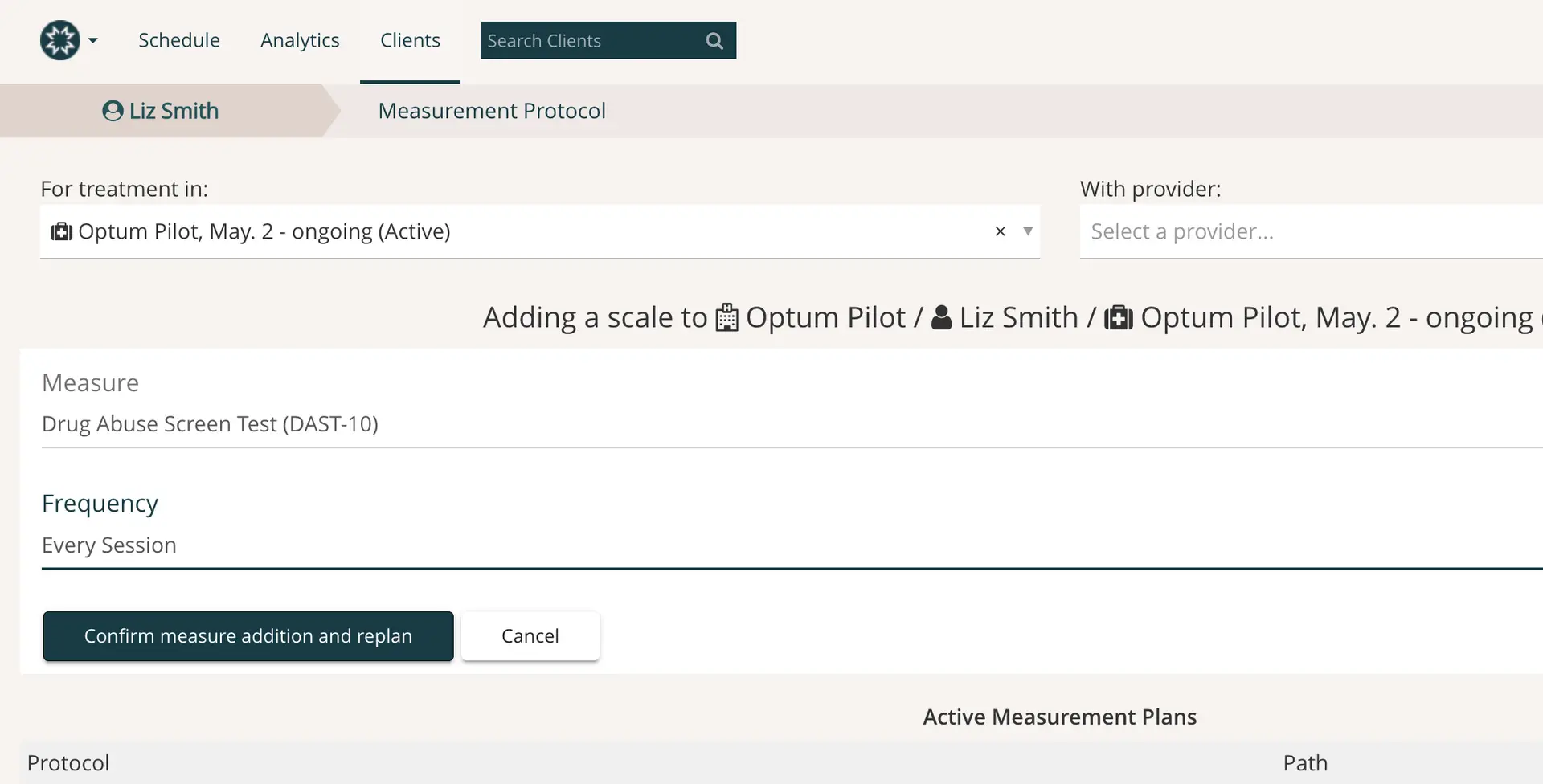 Mirah platform Measurement Protocol screen for adding a scale to Optum Pilot treatment plan for Liz Smith.