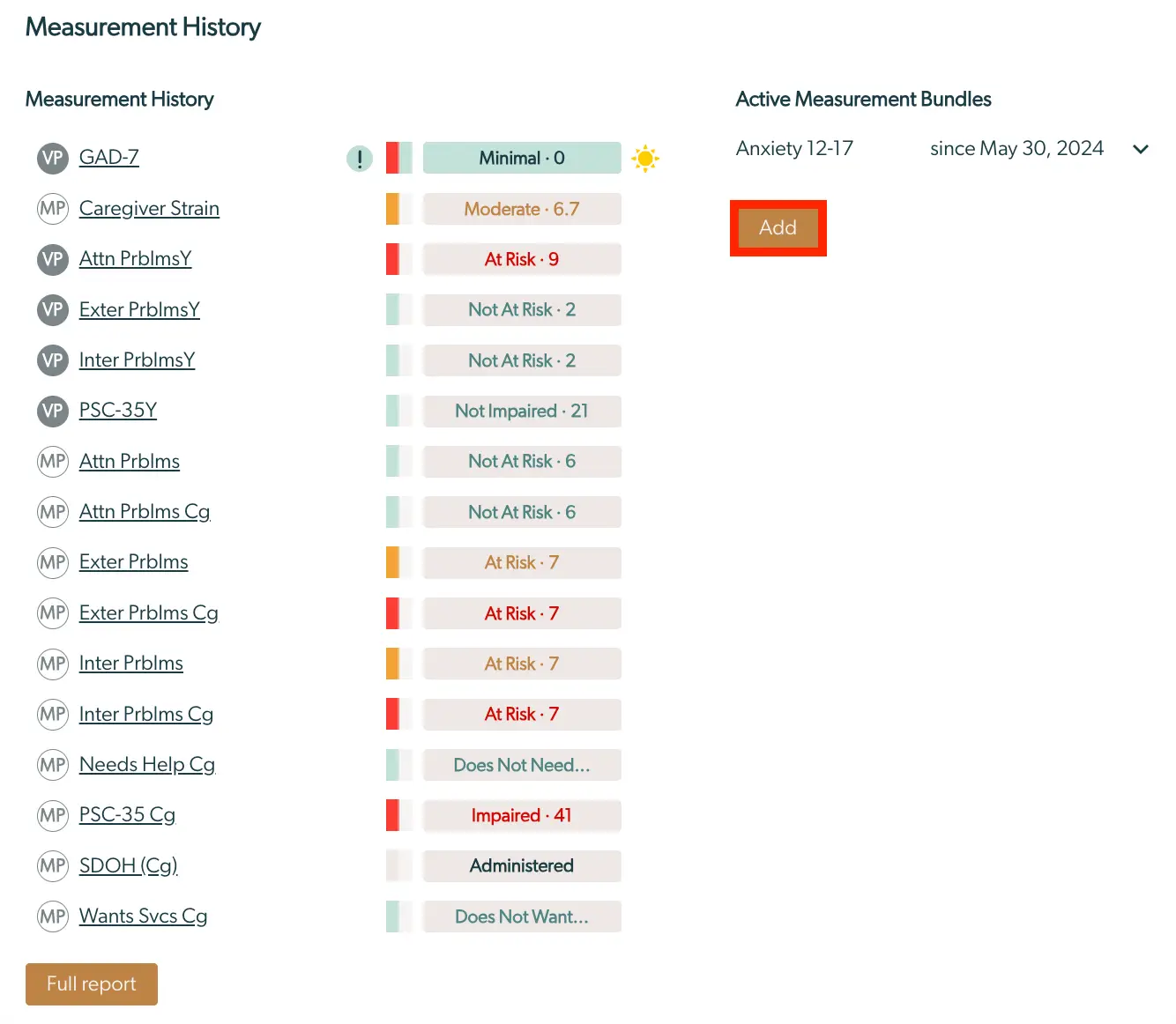 Mirah Collaborative Care Measurement History and Active Measurement Bundles screen