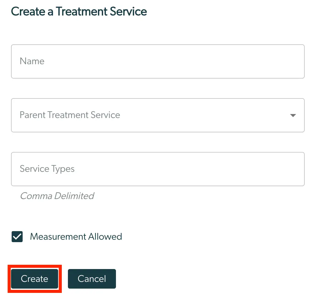 Mirah Create a Treatment Service screen