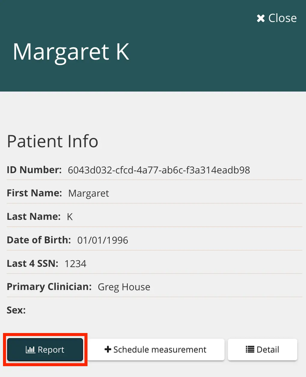 Mirah platform patient information screen for Margaret K with options to view report, schedule measurement, and view details.