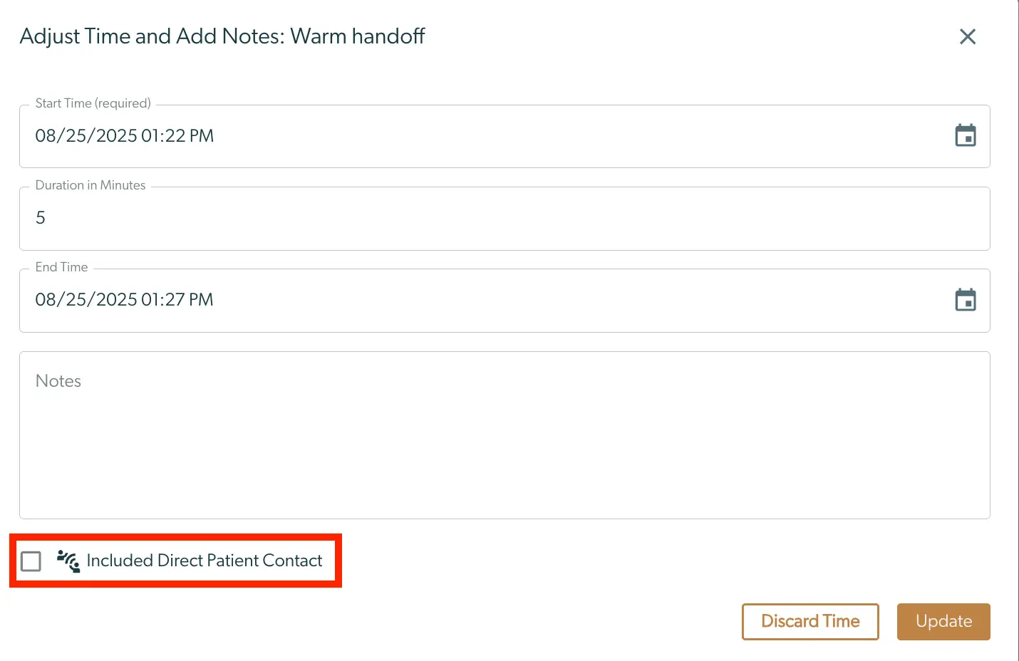 Mirah Collaborative Care Adjust Time and Add Notes screen for Warm handoff